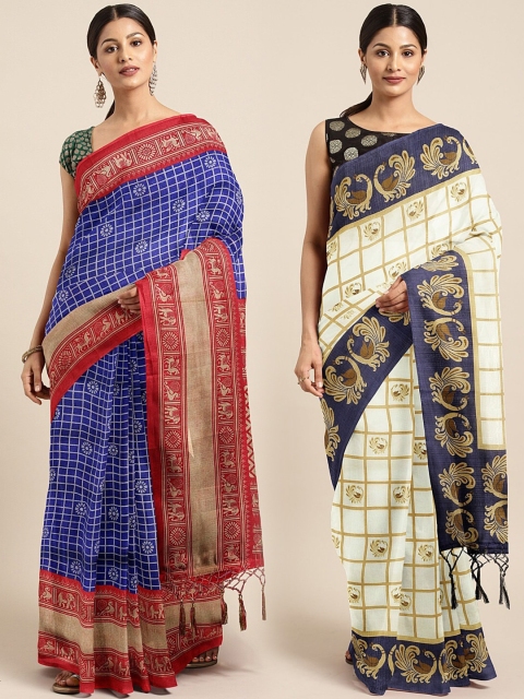 

KALINI Pack of 2 Blue & Red Khadi Silk Blend Sarees