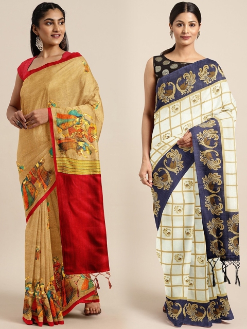 

KALINI Pack Of 2 Printed Sarees, Beige