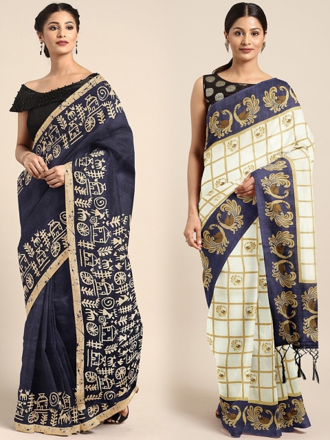 

KALINI Navy Blue & Beige Silk Blend Set of 2 Khadi Saree