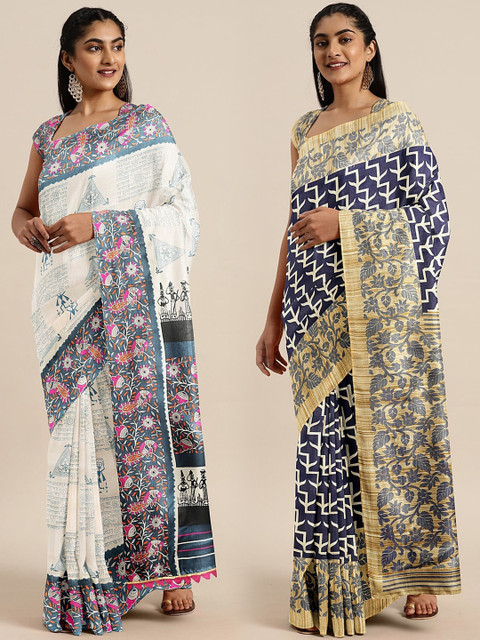

KALINI Pack of 2 Off-White & Grey Bhagalpuri Art Silk Sarees