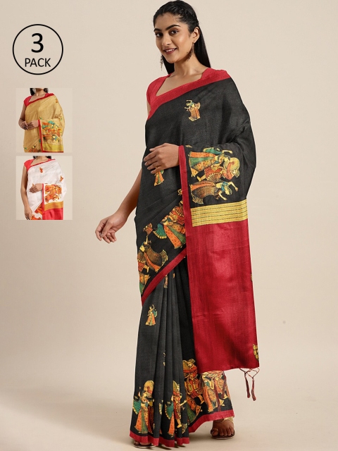 

KALINI Black & Beige Art Silk Set of 3 Khadi Saree