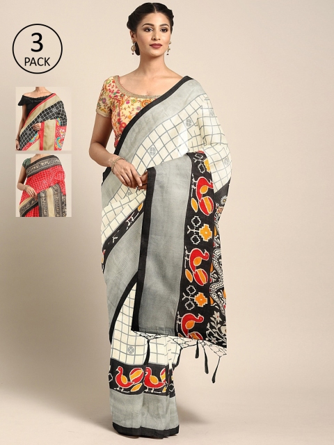 

KALINI Pack of 3 Checked Silk Blend Khadi Saree, White