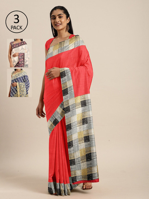 

KALINI Pack of 3 Coral & Grey Khadi Art Silk Sarees