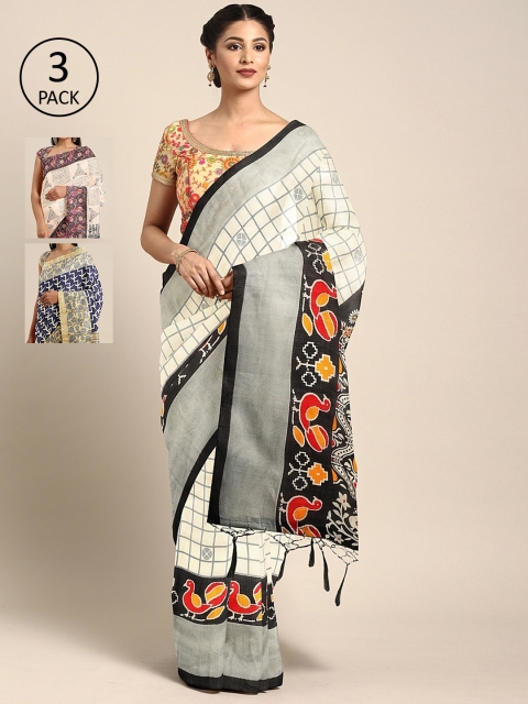 

KALINI Pack of 3 Checked Khadi Silk Blend Saree, Navy blue