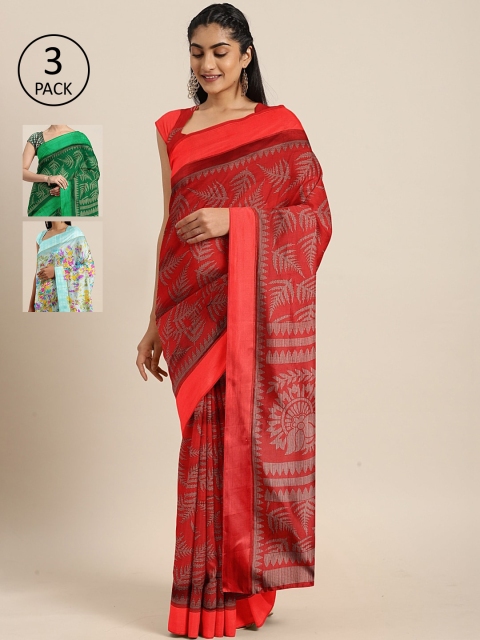 

KALINI Pack Of 3 Satin Printed Sarees, Red