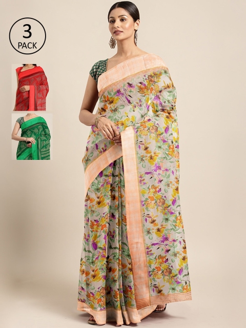 

KALINI Beige & Green Satin Set of 3 Saree