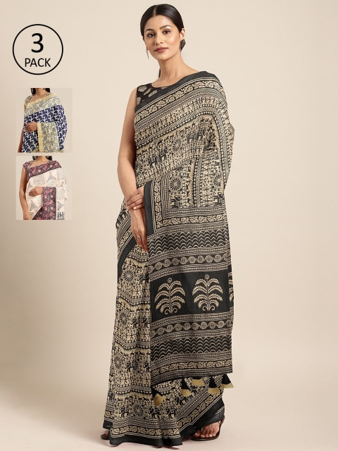 

KALINI Pack of 3 Printed Silk Blend Saree, Black