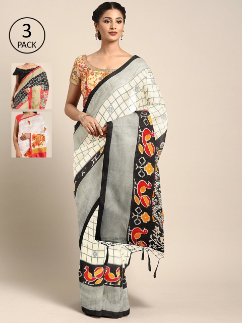 

KALINI Pack of 3 Checked Khadi Silk Blend Saree, White