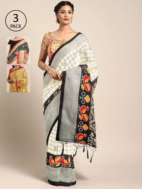 

KALINI Pack Of 3 Polycotton Printed Sarees, White