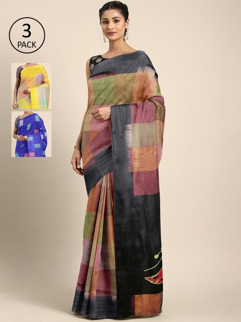 

KALINI Green & Yellow Poly Crepe Set of 3 Saree