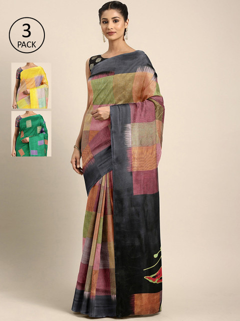

KALINI Pack of 3 Printed Poly Crepe Saree, Black