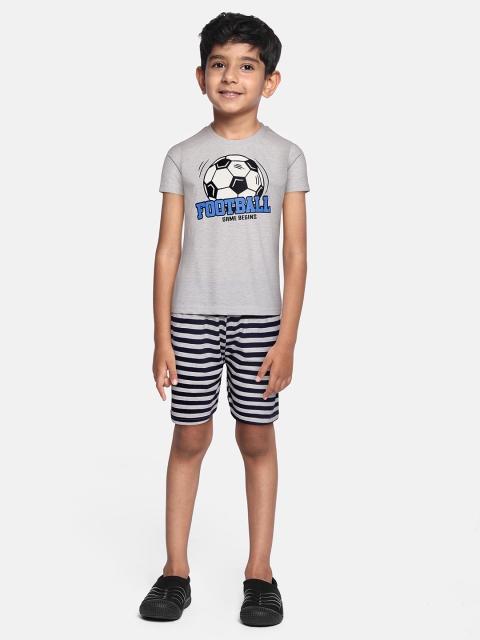 

GAME BEGINS Boys Grey Melange & Navy Blue Printed Cotton T-shirt with Shorts