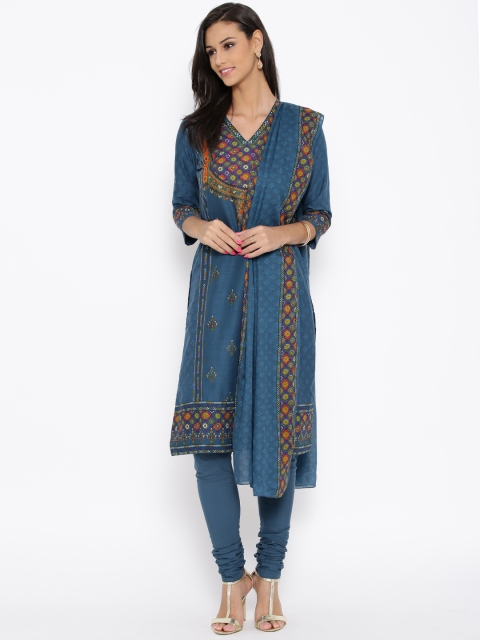 

BIBA Teal Blue Printed Churidar Kurta with Dupatta