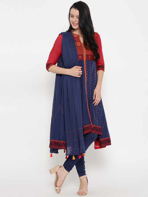 

Biba Blue & Brick Red Woven Design Anarkali Churidar Kurta with Dupatta
