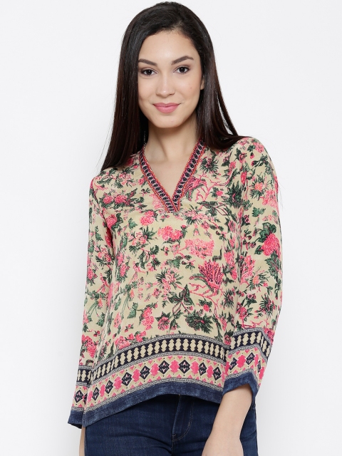 

BIBA Beige & Pink Women Floral Print Top