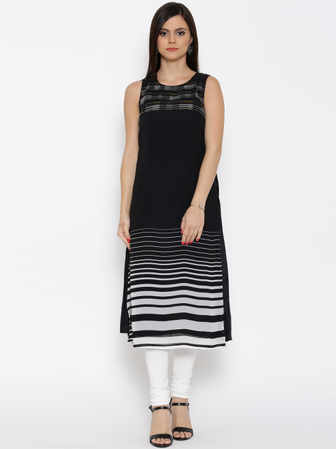

BIBA Black Polyester Striped Kurta