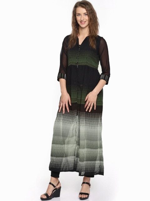 

Biba Women Black & White Sheer Striped A-Line Kurta