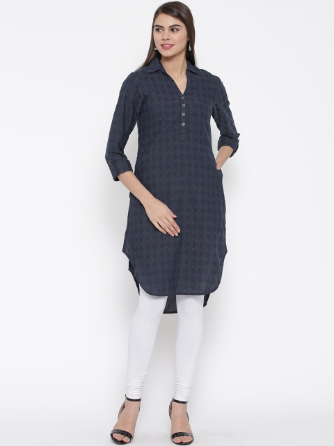 

Biba Women Navy Blue Woven Design High-Low Hem Denim Kurta