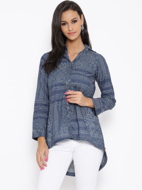 

BIBA Blue Floral Print High-Low Denim Shirt
