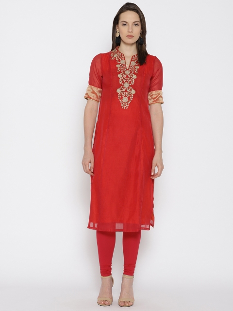 

Biba Women Red Yoke Design Straight Kurta