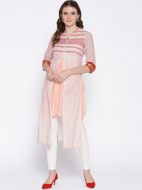

BIBA White & Red Woven Design High Slit Kurta