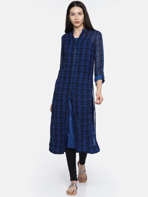 

BIBA Blue & Black Polyester Checked Printed Kurta