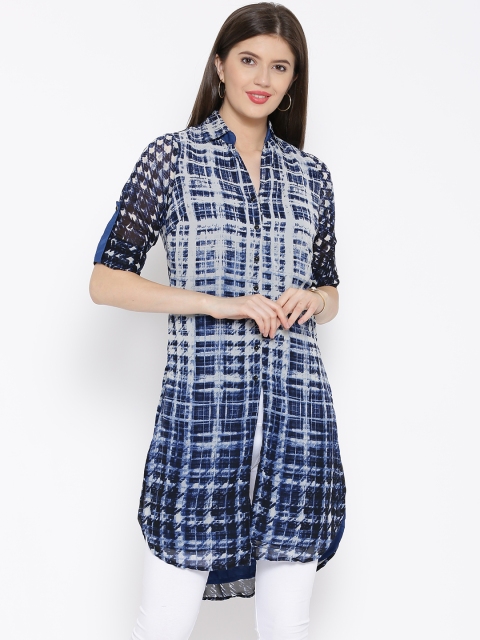 

BIBA Navy & White Polyester Houndstooth Printed High-Low Kurta, Navy blue