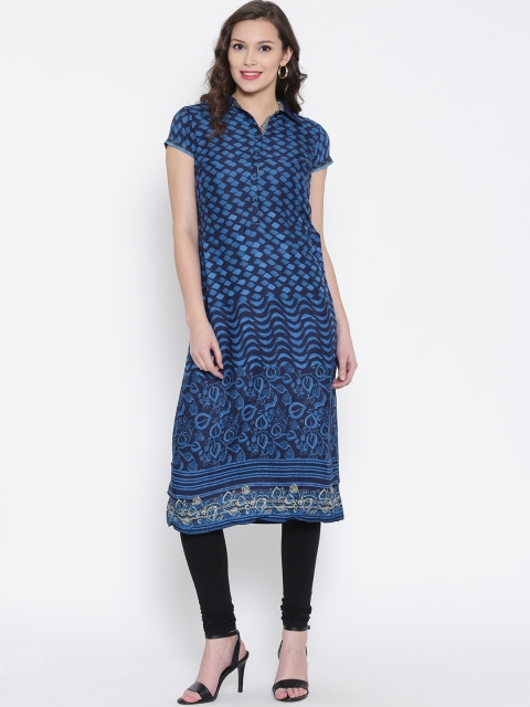 

BIBA Blue Printed High Slit Kurta with Inner
