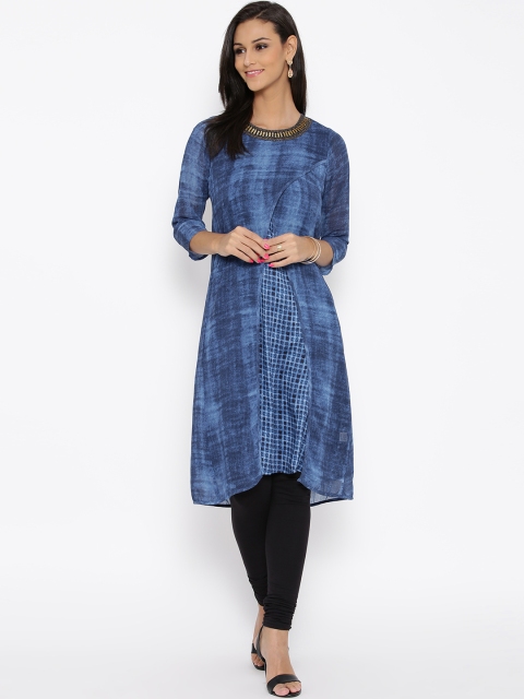 

BIBA Women Blue Printed Overlapping Detail A-Line Kurta