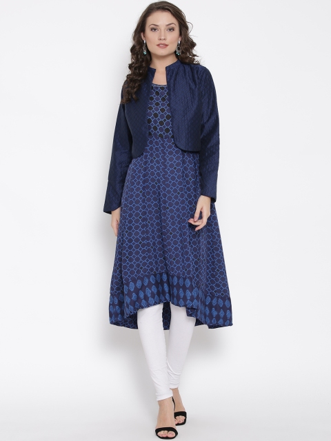 

Biba Women Navy Blue Printed A-Line Kurta with Ethnic Jacket