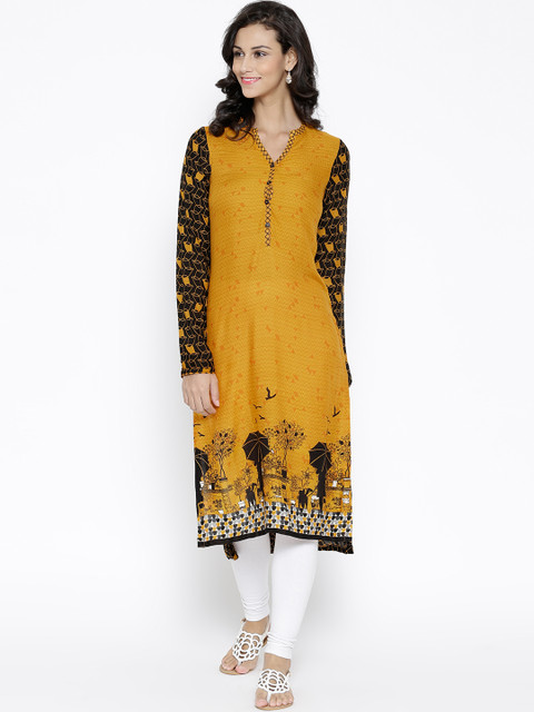 

BIBA Mustard Yellow & Black Printed Kurta