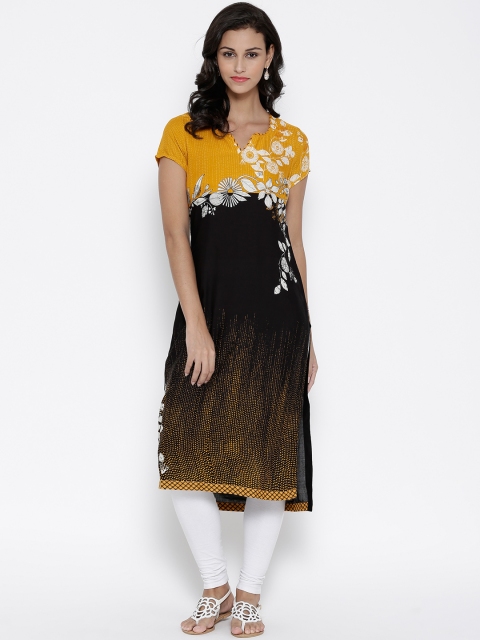 

BIBA Black & Mustard Yellow Floral Print Kurta