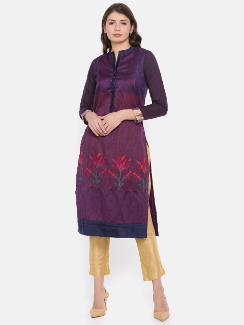

Biba Women Purple Floral Embroidered Straight Kurta