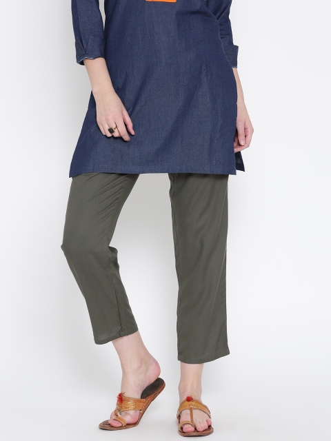 

BIBA Olive Green Ankle-Length Casual Trousers