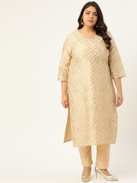 

Sztori Women Plus Size Off White & Golden Ethnic Motifs Printed Kurta