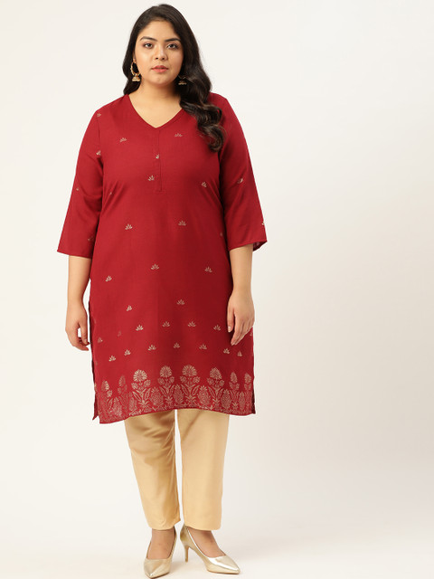 

Sztori Women Plus Size Maroon & Beige Ethnic Motifs Printed Kurta