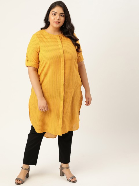 

Sztori Women Plus Size Mustard Yellow & Black Pure Cotton Striped High Low A-line Kurta