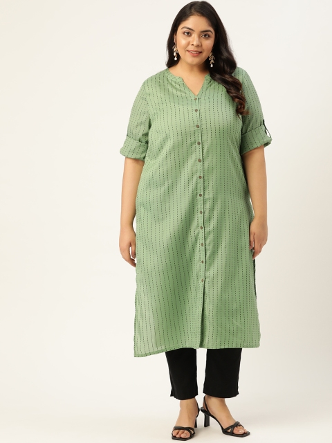 

Sztori Women Plus Size Green & Black Pure Cotton Striped Kurta