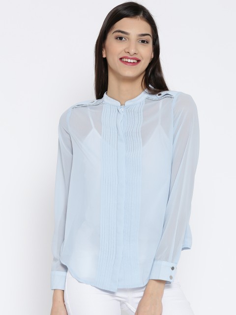 

Vero Moda Blue Polyester Pleated Sheer Shirt