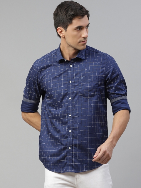 

Blackberrys Men Navy Blue Pure Cotton Slim Fit Windowpane Checks Casual Shirt
