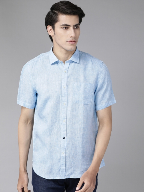 

Blackberrys Men Blue Self-Design Slim Fit Pure Linen Casual Shirt