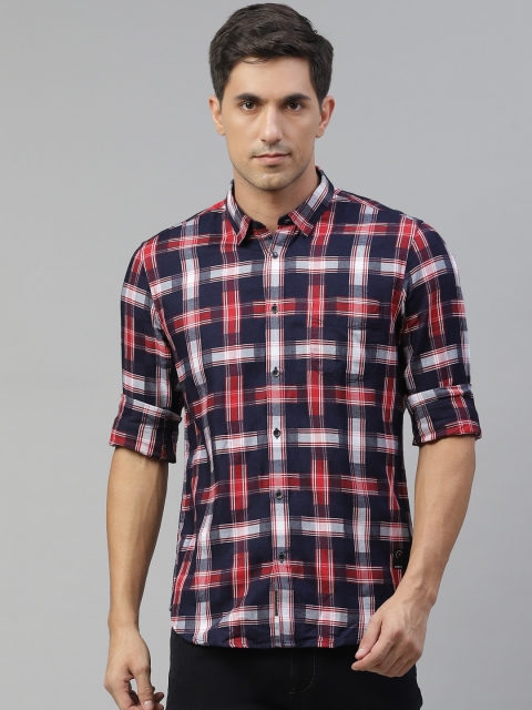 

Blackberrys Men Navy Blue & Red Skinny Fit Tartan Checks Pure Cotton Casual Shirt