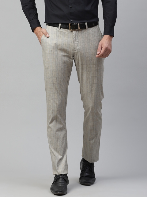 

Blackberrys Men Olive Green & White Striped Slim Fit Formal Trousers