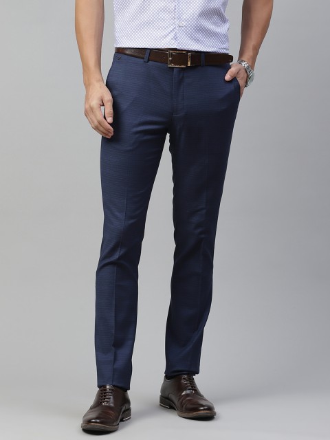 

Blackberrys Men Navy Blue Self-Striped Skinny Fit Formal Trousers
