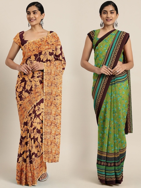 

KALINI Pack of 2 Orange & Brown Pure Georgette Sarees