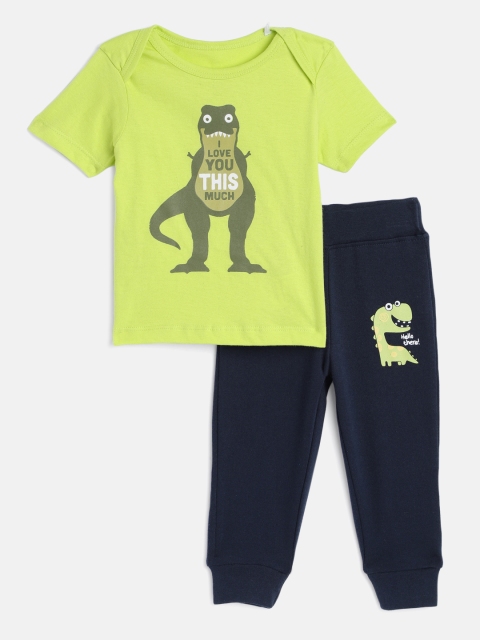 

MISS&CHIEF BABY Kids Green & Navy Blue Printed Pure Cotton T-shirt with Trousers