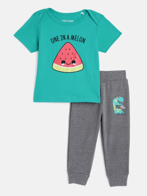

MISS&CHIEF BABY Kids Green & Grey Printed Pure Cotton T-shirt with Trousers