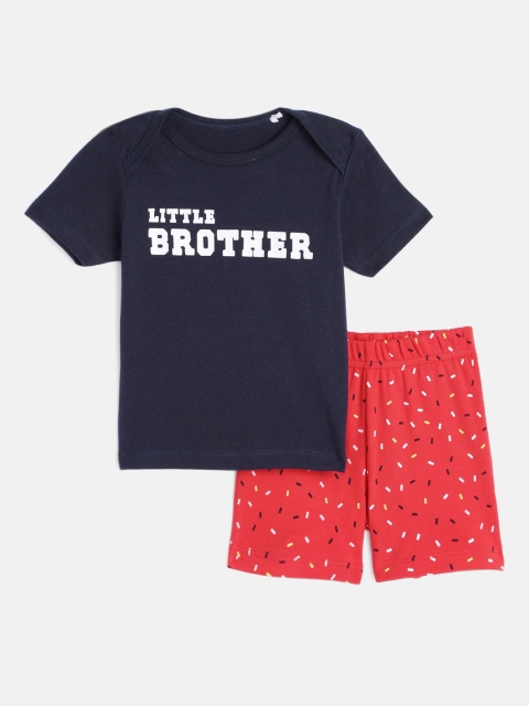 

MISS&CHIEF BABY Kids Navy Blue & Red Printed Pure Cotton T-shirt with Shorts