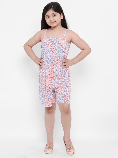 

Natilene Girls White & Peach-Coloured Printed Playsuit