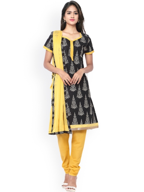 

Saree mall Black & Yellow Printed Cotton Unstitched Dress Material
